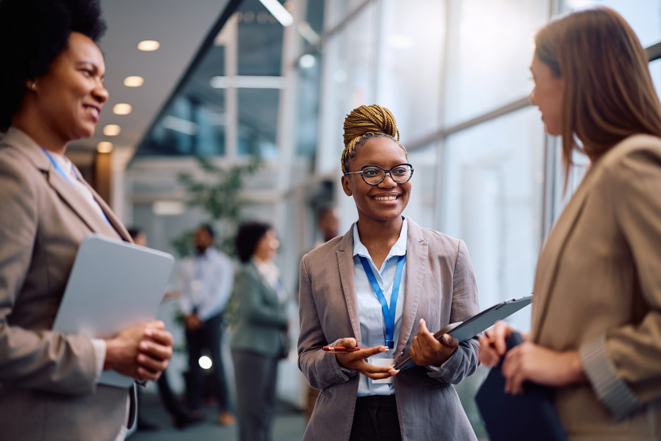 A young professional having a positive conversation with a prospect.
